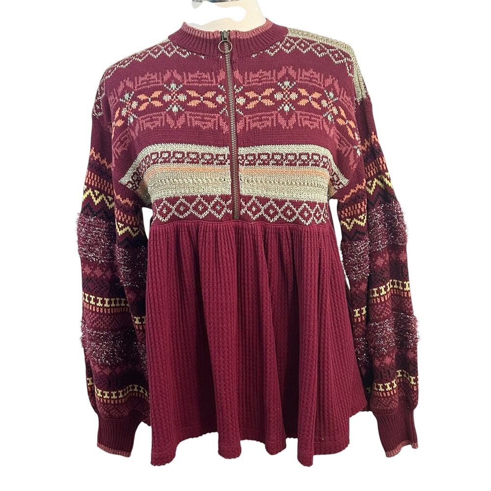 Free People Cozy Cottage Sweater XS Fair Isle Half Zip Tunic Pomegranate Wine